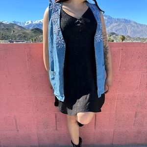Vintage 90s Blue Denim Open Front Gem Embellished Vest